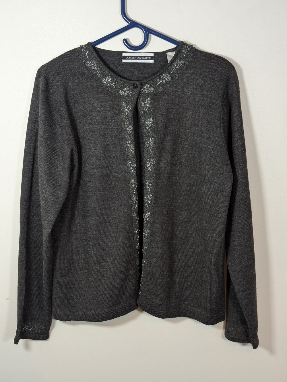 Amanda Smith Charcoal Gray Embroidered Women's Cardigan Sweater